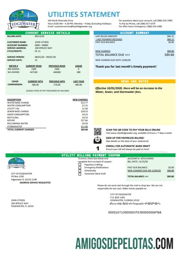 realista Modelo de conta de serviços públicos da cidade de Edgewater, EUA, Flórida, em formato Word e PDF